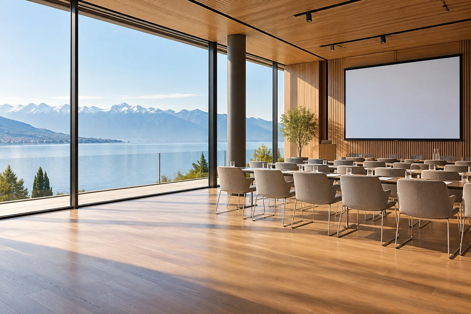 A contemporary seminar room with large windows overlooking the lake.